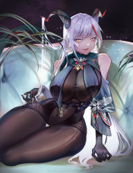 Rule 34 | 1girl, absurdres, aegir (azur lane), azur lane, bare shoulders, black cape, black gloves, bodystocking, bodysuit, breast curtains, breasts, cape, covered navel, cross, cross-laced clothes, cross earrings, demon horns, earrings, elbow gloves, gloves, hair on horn, highres, horns, huge breasts, impossible bodysuit, impossible clothes, iron cross, jewelry, kestie choi, long hair, multicolored hair, pulling own clothes, red hair, skindentation, solo, streaked hair, thighs, two-tone hair, underbust, very long hair, white hair, yellow eyes