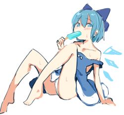 Rule 34 | 1girl, adapted costume, arm support, bare arms, bare legs, bare shoulders, barefoot, blue bow, blue dress, blue eyes, blue hair, blush, bow, cirno, collarbone, dress, eating, feet, flat chest, food, full body, hair between eyes, hair bow, holding, holding food, hot, ice, ice wings, looking at viewer, panties, pantyshot, paragasu (parags112), popsicle, short hair, simple background, sitting, solo, strap slip, touhou, underwear, white background, white panties, wings
