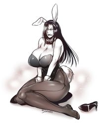 Rule 34 | 1girl, angry, animal ears, artist name, bare shoulders, blush, bow, bowtie, breasts, cleavage, clenched teeth, curvy, embarrassed, fake animal ears, female focus, full body, gloves, greyscale, high heels, highres, huge breasts, joka (hiwai), kneeling, large breasts, legs, leotard, long hair, looking at viewer, mature female, monochrome, pantyhose, playboy bunny, rabbit ears, rabbit tail, sharp teeth, shoes, signature, simple background, single shoe, sitting, solo, sweat, tail, teeth, thick thighs, thighs, wariza, white background, wide hips, wrist cuffs