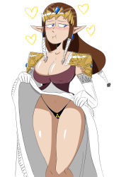 Rule 34 | 1girl, blue eyes, blush, breasts, brown hair, closed mouth, clothes lift, dress, dress lift, eyebrows, highres, jinu (jinusenpai), long hair, navel, nintendo, panties, pointy ears, princess, princess zelda, simple background, solo, the legend of zelda, triforce, underwear, white background
