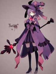 Rule 34 | 1girl, bad id, bad nicoseiga id, bow, breasts, cleavage, cloak, creatures (company), cross, female focus, full body, game freak, gen 4 pokemon, glasses, gradient hair, hat, high heels, highres, long sleeves, looking at viewer, merlusa, mismagius, multicolored hair, nintendo, pentagram, personification, pink hair, pokemon, purple hair, purple hat, shoes, simple background, smile, solo, staff, standing, thighhighs, two-tone hair, witch hat, yellow eyes, zettai ryouiki