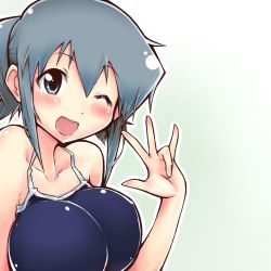Rule 34 | 1girl, ;d, blue eyes, blue hair, blush, breasts, cleavage, competition school swimsuit, gradient background, hidamari sketch, kagami uekusa, large breasts, matching hair/eyes, nori (hidamari sketch), one-piece swimsuit, one eye closed, open mouth, school swimsuit, short hair, simple background, smile, solo, swimsuit, wink