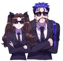 Rule 34 | 1boy, 1girl, :&lt;, alternate costume, bad id, bad twitter id, black jacket, black neckwear, black ribbon, blue hair, collared shirt, crossed arms, cu chulainn (fate), cu chulainn (fate/stay night), facing viewer, fake facial hair, fake mustache, fate/stay night, fate (series), formal, hair over shoulder, hair ribbon, jacket, linluv, long hair, long sleeves, looking at viewer, necktie, parted bangs, ribbon, serious, shirt, simple background, suit, sunlight, tohsaka rin, twintails, two side up, v-shaped eyebrows, white background, white shirt, wing collar