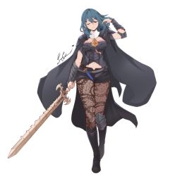 Rule 34 | 1girl, absurdres, armor, artist name, black footwear, black shorts, blue hair, boots, breasts, brown pantyhose, byleth (female) (fire emblem), byleth (fire emblem), closed eyes, closed mouth, clothing cutout, commentary, dagger, elbow pads, fire emblem, fire emblem: three houses, full body, hand up, highres, holding, holding sword, holding weapon, knee pads, knife, large breasts, lips, long hair, navel cutout, nintendo, pantyhose, pantyhose under shorts, print pantyhose, senacolada, sheath, sheathed, short shorts, shorts, signature, simple background, solo, sword, sword of the creator, weapon, white background