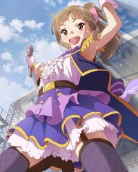 Rule 34 | 10s, 1girl, :d, blush, brown eyes, brown hair, cloud, day, fang, frills, from below, garter straps, gloves, hisami nanami, light rays, long hair, microphone, official art, open mouth, ponytail, skirt, smile, stage, standing, standing on one leg, sweat, thighhighs, wake up girls!, wake up girls! stage no tenshi, white gloves