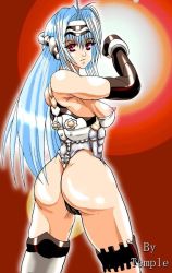 Rule 34 | 00s, 1girl, android, ass, bare shoulders, blue hair, breasts, elbow gloves, expressionless, from behind, gloves, headgear, huge ass, kos-mos, leotard, long hair, looking at viewer, looking back, nipple slip, nipples, purple eyes, shiny skin, solo, temple (artist), thighhighs, thong, thong leotard, very long hair, xenosaga, xenosaga episode i