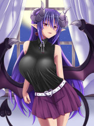 Rule 34 | 1girl, bare arms, bare shoulders, belt, black shirt, breasts, commentary request, curled horns, curtains, demon girl, demon horns, demon tail, demon wings, earrings, hair between eyes, heart, heart earrings, highres, horns, jewelry, large breasts, long hair, looking at viewer, monster girl encyclopedia, nail polish, night, parted lips, pleated skirt, pointy ears, purple hair, red eyes, seductive smile, segmented horns, shirt, skirt, sleeveless, sleeveless shirt, smile, sogegin, solo, succubus (monster girl encyclopedia), tail, very long hair, window, wings