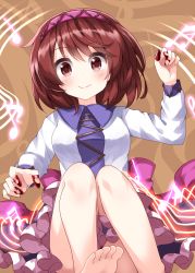 Rule 34 | 1girl, barefoot, beamed eighth notes, brown background, brown eyes, brown hair, closed mouth, collared shirt, eighth note, hairband, highres, long sleeves, looking at viewer, musical note, pink skirt, purple hairband, quarter note, ruu (tksymkw), shirt, skirt, smile, solo, touhou, tsukumo yatsuhashi, white shirt
