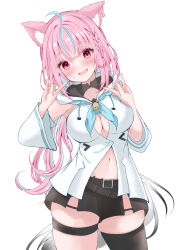 Rule 34 | 1girl, absurdres, ahoge, animal ear fluff, animal ears, black shorts, black thighhighs, blue hair, blue neckerchief, blunt bangs, blush, breasts, cat ears, cleavage, commentary request, contrapposto, cosplay, detached sleeves, double fox shadow puppet, fox shadow puppet, front slit, highres, hololive, hood, hooded vest, hoodie, looking at viewer, medium breasts, midriff peek, minato aqua, multicolored hair, navel, neckerchief, open mouth, oyuharu, pink hair, red eyes, shirakami fubuki, shirakami fubuki (1st costume), shirakami fubuki (cosplay), short shorts, shorts, simple background, single thighhigh, skindentation, solo, streaked hair, thick thighs, thigh strap, thighhighs, thighs, two-tone hair, vest, virtual youtuber, white background, white sleeves, wide sleeves