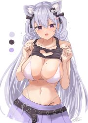 Rule 34 | 1girl, absurdres, animal ear fluff, animal ears, bare arms, bare shoulders, belt, bikini, black shirt, breasts, cat ears, cleavage, clothes lift, clothing cutout, color guide, crop top, curly hair, grey hair, hair ribbon, hands up, heart cutout, highleg, highres, hourei tenten, large breasts, lifting own clothes, long hair, looking at viewer, melty+, midriff, miniskirt, mole, mole on breast, navel, ogura toast, open mouth, pleated skirt, purple eyes, purple skirt, ribbon, shirt, shirt lift, skindentation, skirt, sleeveless, sleeveless shirt, solo, stomach, strap pull, string bikini, swimsuit, two side up, upper body, very long hair, virtual youtuber, white background, white bikini
