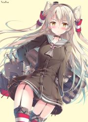 Rule 34 | 10s, 1girl, amatsukaze (kancolle), black neckwear, black panties, blush, brown eyes, choker, commentary request, cowboy shot, dress, garter straps, hair tubes, hand on own hip, kantai collection, long hair, looking at viewer, panties, pantyshot, red thighhighs, sailor collar, sailor dress, short dress, side-tie panties, silver hair, simple background, solo, sousouman, standing, striped clothes, striped thighhighs, thighhighs, two side up, underwear