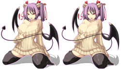 Rule 34 | 1girl, bare shoulders, bat wings, black thighhighs, breasts, cleavage, curvy, demon girl, female focus, full body, heart, highres, hip focus, huge breasts, kneeling, lilith (mon-musu quest: paradox), multiple views, naked sweater, naughty face, open mouth, original, purple hair, red eyes, saliva, shiki (psychedelic g2), simple background, spread legs, stereogram, sweater, thighhighs, tongue, white background, wide hips, wings, zettai ryouiki