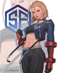 Rule 34 | 1girl, abs, antenna hair, armored gloves, black gloves, black pants, black sports bra, blonde hair, blue eyes, blue jacket, breasts, cameltoe, cammy white, capcom, choker, clenched hand, commentary, cowboy shot, cropped jacket, english commentary, facial scar, gloves, inhoso, jacket, leather, leather jacket, makeup, mascara, medium breasts, midriff, navel, pants, red lips, scar, scar on cheek, scar on face, short hair, single vambrace, solo, sports bra, standing, street fighter, street fighter 6, thick thighs, thighs, tight clothes, tight pants, toned, vambraces, zoom layer