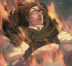 Rule 34 | 1other, brown hair, burning clothes, death, embers, eyepatch, glasses, goggles, hange zoe, highres, jacket, milkmachiato, other focus, outstretched arms, paradis military uniform, shingeki no kyojin, smile, spoilers, spread arms, upper body