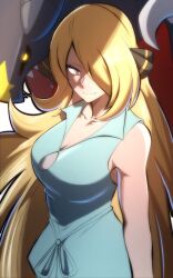 1girl bare_shoulders black_sclera blonde_hair blue_shirt breasts cleavage collarbone colored_sclera cowboy_shot creatures_(company) cynthia_(pokemon) dragon game_freak grey_eyes hair_over_one_eye highres large_breasts long_hair looking_at_viewer nintendo pokemon pokemon_(anime) pokemon_bw_(anime) shadow shirt sleeveless sleeveless_shirt smile solo_focus thatamaan very_long_hair yellow_eyes