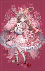 Rule 34 | 1girl, animal, animal ears, black footwear, bow, braid, cat, dress, frilled dress, frilled pillow, frills, grey eyes, hair bow, hair ribbon, heart, high heels, highres, holding, holding animal, jewelry, juliet sleeves, lolita fashion, long sleeves, mouse (animal), nail polish, original, petals, pillow, pink bow, pink dress, puffy sleeves, red background, red nails, red ribbon, red theme, ribbon, ring, shirosaki london, shoes, signature, socks, solo, sparkle, white socks