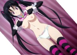 Rule 34 | 10s, 1girl, black hair, breasts, high school dxd, highres, long hair, nipples, panties, purple eyes, serafall leviathan, smile, solo, standing, stitched, thighhighs, third-party edit, topless, twintails, underwear, white panties
