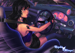 Rule 34 | 1girl, black eyes, black hair, breasts, candy, car, car interior, commentary, death (entity), driving, fingerless gloves, food, gloves, halterneck, heart, heart-shaped pupils, lollipop, miniskirt, motor vehicle, mouth hold, nissan, nissan s15 silvia, nissan silvia, nissan silvia s15, original, pencil skirt, right-hand drive, ryu shou, serafina juno, shoes, sideboob, skirt, sneakers, socks, solo, symbol-shaped pupils, tattoo, thighhighs, vehicle