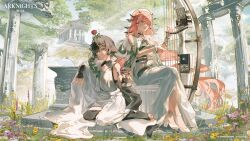 Rule 34 | 2girls, architecture, arknights, arm wrap, bare shoulders, black hair, bridal legwear, brown eyes, chalice, closed mouth, commentary, copyright name, cup, detached collar, dress, duplicate, english commentary, erato (arknights), flower, full body, greco-roman architecture, green eyes, green theme, hair flower, hair ornament, harp, high heels, highres, instrument, kei (keiuu), long hair, medium hair, multiple girls, music, no shoes, official alternate costume, official art, outdoors, pallas (arknights), pallas (heritage) (arknights), parted lips, pink hair, playing instrument, rose, sitting, sleeveless, sleeveless dress, toes, white dress, white footwear, yokozuwari