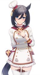 Rule 34 | 1girl, animal ears, arm behind back, black hair, blue eyes, blush, box, breasts, chef hat, closed mouth, coat, cowboy shot, eishin flash (collect chocolatier) (umamusume), eishin flash (umamusume), gift, gift box, hair ornament, hairclip, hand on own chest, hat, heart-shaped box, highres, holding, holding gift, horse ears, long sleeves, looking at viewer, magata001, medium breasts, short hair, simple background, smile, solo, stopwatch, thighhighs, umamusume, watch, white bag, white coat, white thighhighs, wrist cuffs
