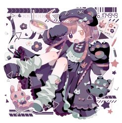 Rule 34 | 1girl, absurdres, animal hands, black dress, black eyes, black flower, black hat, black shorts, blush stickers, bow, brown bow, brown eyes, brown hair, dress, flat chest, flower, food, gloves, hair bow, hat, heterochromia, highres, jitome, knife, long sleeves, no nose, noodles, open mouth, original, paw gloves, ramen, short hair with long locks, shorts, solo, stuffed animal, stuffed rabbit, stuffed toy, teddy bear, usagi nui, white bow