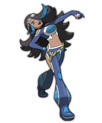 Rule 34 | 00s, 10s, 1girl, alternate costume, blue eyes, blue gloves, blue legwear, clothing cutout, creatures (company), cropped jacket, curly hair, game freak, gloves, hip focus, holding, holding poke ball, long hair, looking at viewer, lowres, midriff, navel, nintendo, official art, pants, poke ball, pokemon, pokemon oras, pokemon rse, red hair, shelly (pokemon oras), shoulder cutout, side cutout, simple background, sleeveless, smile, solo, standing, team aqua, uniform