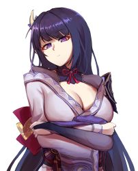 Rule 34 | 1girl, bad id, bad pixiv id, bippew, breasts, cleavage, closed mouth, commentary request, crossed arms, genshin impact, hair ornament, highres, japanese clothes, kimono, korean commentary, large breasts, looking at viewer, mole, mole under eye, purple eyes, purple hair, purple kimono, raiden shogun, simple background, solo, upper body, white background