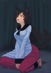 Rule 34 | 1girl, animal ear fluff, animal ears, barefoot, breasts, brooch, brown hair, dress, fang, fingernails, full body, highres, imaizumi kagerou, jewelry, kakone, kneeling, large breasts, long hair, looking up, nail polish, night, outdoors, red eyes, red nails, sharp fingernails, solo, tail, toenail polish, toenails, touhou, v arms, wolf ears, wolf tail
