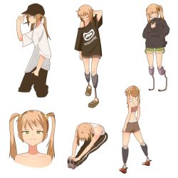Rule 34 | 1girl, absurdres, amputee, arm behind head, baseball cap, black jacket, brown hair, closed mouth, double amputee, exercising, full body, green eyes, hair ornament, hat, highres, ibarazaki emi, jacket, katawa shoujo, looking at viewer, multiple views, open mouth, prosthesis, prosthetic leg, shirt, simple background, standing, twintails, white background, white shirt, zlix0n