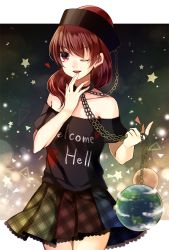 Rule 34 | 1girl, bare shoulders, brown hair, chain, clothes writing, collar, earth (ornament), finger to mouth, heart, hecatia lapislazuli, kaede (mmkeyy), long hair, moon (ornament), multicolored clothes, multicolored skirt, one eye closed, pleated skirt, skirt, solo, star (symbol), touhou