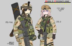 Rule 34 | 2girls, ar-15, assault rifle, camouflage, character name, chinese commentary, colt commando, commentary request, desert camouflage, girls&#039; frontline, gun, hat, helmet, highres, jacket, m16, m16a1, m16a1 (girls&#039; frontline), military, military hat, military jacket, multiple girls, rifle, st ar-15 (girls&#039; frontline), tactical clothes, toramaru-913, united states army, vest, weapon