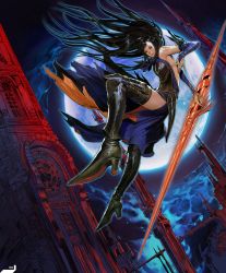Rule 34 | 1girl, armpits, bare shoulders, black hair, black thighhighs, boots, bridal gauntlets, castlevania (series), castlevania: order of ecclesia, dress, elbow gloves, falling, fingerless gloves, full moon, gloves, glowing, goth fashion, high heels, highres, hirooka masaki, konami, long hair, moon, night, night sky, official art, outdoors, polearm, scan, shanoa, shoes, sky, solo, spear, tattoo, thigh boots, thighhighs, very long hair, weapon, zettai ryouiki