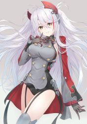 Rule 34 | 1girl, azur lane, blush, breasts, brown eyes, brown gloves, commentary request, cross, dress, garter straps, gloves, grey background, grey dress, grey thighhighs, hair between eyes, hajika, hand up, head tilt, headgear, highres, iron cross, large breasts, long hair, long sleeves, looking at viewer, multicolored hair, parted lips, prinz eugen (azur lane), red hair, silver hair, simple background, smile, solo, streaked hair, thighhighs, two side up, very long hair