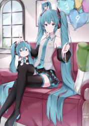 Rule 34 | 2girls, 39, absurdres, artist self-reference, balloon, blue eyes, blue hair, blue necktie, boots, breasts, commentary, couch, day, detached sleeves, door, dual persona, hair spread out, hatsune miku, heart balloon, highres, holding, holding balloon, long hair, looking at viewer, microphone, miku day, multiple girls, necktie, okome (okome 0627ha), on couch, picture frame, pillow, sitting, sleeveless, small breasts, spring onion, thigh boots, twintails, very long hair, vocaloid