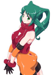 Rule 34 | 00s, 1girl, ass, blush, bodysuit, breasts, elbow pads, from side, gloves, green eyes, green hair, long hair, looking at viewer, matching hair/eyes, red shirt, senzoc, shirt, sleeveless, sleeveless shirt, smile, solo, solty rei, solty revant, spandex, standing, white background