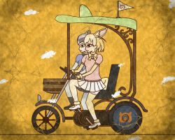 Rule 34 | 10s, 2girls, animal ears, black eyes, blonde hair, bow, bowtie, closed mouth, commentary request, common raccoon (kemono friends), crack, egyptian art, extra ears, fennec (kemono friends), flag, fox ears, fox tail, from side, grey hair, highres, japari symbol, kemono friends, kita (7kita), multiple girls, mural, pedal, profile, raccoon ears, riding, short hair, skirt, tail, white skirt