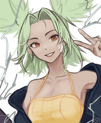 Rule 34 | 1girl, absurdres, bandaid, bandaid on cheek, bandaid on face, bare shoulders, black jacket, breasts, cel da lin, collarbone, green hair, grin, hand up, highres, jacket, league of legends, looking at viewer, medium breasts, open clothes, open jacket, parted bangs, simple background, smile, solo, teeth, upper body, v, white background, zeri (league of legends)