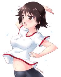 Rule 34 | 1girl, absurdres, alternate breast size, arm up, bike shorts, black shorts, breasts, brown eyes, brown hair, closed eyes, clothes lift, commentary, dated, frown, girls und panzer, gym shirt, gym uniform, highres, isobe noriko, kuzuryuu kennosuke, looking to the side, medium breasts, navel, one-hour drawing challenge, open mouth, shirt, shirt lift, short hair, short sleeves, shorts, simple background, solo, sweat, t-shirt, twitter username, water drop, white shirt