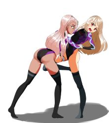 Rule 34 | 2girls, absurdres, ass, bad id, bad pixiv id, black legwear, blonde hair, chloe von einzbern, commission, cosplay, dark-skinned female, dark skin, elakan, fate/kaleid liner prisma illya, fate (series), groping, highres, illyasviel von einzbern, izayoi sakuya, izayoi sakuya (cosplay), leotard, licking, long hair, matching outfits, multiple girls, open mouth, pink hair, race queen, red eyes, standing, standing on one leg, thighhighs, tongue, tongue out, touhou, yellow eyes, yuri