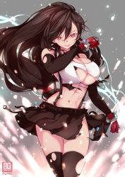 Rule 34 | 1girl, black hair, black skirt, breasts, cleavage, elbow gloves, final fantasy, final fantasy vii, final fantasy vii remake, gloves, highres, large breasts, navel, nekomimipunks, parted lips, red gloves, skirt, smile, solo, stomach, suspenders, tank top, thighhighs, tifa lockhart, torn clothes, torn skirt, torn tank top, torn thighhighs