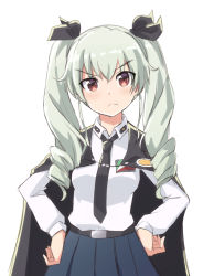 Rule 34 | 10s, 1girl, anchovy (girls und panzer), anzio school uniform, belt, black belt, black cape, black necktie, black ribbon, black skirt, cape, chikuwa (majihima), closed mouth, commentary, dress shirt, drill hair, emblem, frown, girls und panzer, green hair, hair ribbon, hands on own hips, long hair, long sleeves, looking at viewer, miniskirt, necktie, pleated skirt, red eyes, ribbon, school uniform, shirt, simple background, skirt, solo, standing, twin drills, twintails, upper body, white background, white shirt