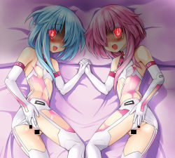 Rule 34 | 10s, 2girls, ass, ass grab, bar censor, bed, blue hair, blush, breasts, censored, cum, cum in pussy, grabbing, has uncensored version, hetero, holding hands, kamia (not found), long hair, multiple girls, neptune (series), pink hair, pussy, ram (neptunia), red eyes, rom (neptunia), saliva, siblings, sisters, spread ass, twins, white sister ram, white sister rom