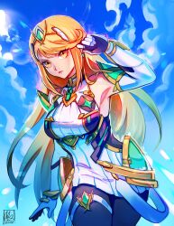 Rule 34 | 1girl, absurdres, alina l, arm up, bare shoulders, black pantyhose, blonde hair, breasts, chest jewel, closed mouth, commentary, dress, elbow gloves, gloves, highres, long hair, looking at viewer, medium breasts, mythra (massive melee) (xenoblade), mythra (xenoblade), nintendo, pantyhose, short dress, signature, sleeveless, sleeveless dress, solo, super smash bros., swept bangs, thigh strap, tiara, white dress, white gloves, xenoblade chronicles (series), xenoblade chronicles 2, yellow eyes