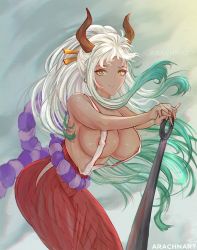 Rule 34 | 1girl, arachnart, armpits, bare shoulders, breasts, closed mouth, highres, horns, large breasts, long hair, nipple slip, nipples, one piece, smile, tagme, white hair, yamato (one piece), yellow eyes