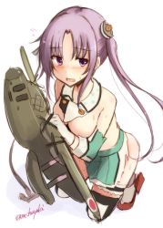 Rule 34 | 10s, 1girl, akitsushima (kancolle), black thighhighs, blush, flying sweatdrops, gloves, kantai collection, long hair, mashayuki, military, military uniform, miniskirt, nishikitaitei-chan, open mouth, purple eyes, purple hair, seaplane, side ponytail, simple background, skirt, solo, thighhighs, torn clothes, twitter username, uniform, white background, white gloves