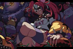 Rule 34 | 1girl, animal ears, bis814, crossed legs, graveyard, hakos baelz, halloween, hololive, hololive english, mouse ears, mouse girl, red hair, sitting, stitches, sword, tombstone, virtual youtuber, weapon, wrist cuffs