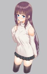 Rule 34 | 10s, 1girl, 3:, bare shoulders, black skirt, blue eyes, blush, breasts, brown hair, frown, grey background, highres, large breasts, long hair, long sleeves, looking at viewer, mikazuchi zeus, new game!, ribbed sweater, simple background, skirt, sleeveless, sleeveless turtleneck, solo, sweater, takimoto hifumi, thighhighs, turtleneck