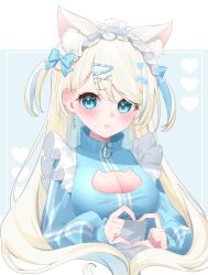 Rule 34 | 1girl, absurdres, amagi ru, animal ear fluff, animal ears, blonde hair, blue eyes, blue hair, blush, breasts, cat cutout, cat ears, cat girl, check copyright, cleavage, cleavage cutout, clothing cutout, commentary, copyright request, earrings, hair ornament, heart, heart hair ornament, heart hands, highres, jersey maid, jewelry, long hair, maid, maid headdress, medium breasts, original, parted lips, solo, swept bangs, symbol-only commentary, two side up, unconventional maid, white headdress, x hair ornament, zipper