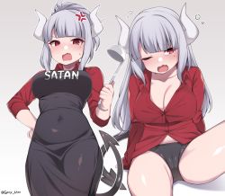 Rule 34 | 1girl, anger vein, apron, black apron, black panties, blunt bangs, blush, breasts, cameltoe, cleavage, collarbone, demon girl, demon horns, demon tail, fang, helltaker, horns, ladle, large breasts, long hair, looking at viewer, lucifer (helltaker), mole, mole under eye, no pants, one eye closed, open mouth, panties, plump, red eyes, red shirt, shirt, simple background, spicy moo, tail, twitter username, underwear, white hair, white horns
