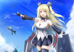 Rule 34 | 1girl, aircraft, amano kusatsu, black thighhighs, blonde hair, blue bow, blue bowtie, blue eyes, blue gloves, blue oath, blue skirt, blue sky, bow, bowtie, breasts, cleavage, fingerless gloves, gloves, hair ornament, highres, long hair, looking away, medium breasts, open mouth, saratoga (blue oath), simple background, skirt, sky, smile, solo, standing, thighhighs, water drop